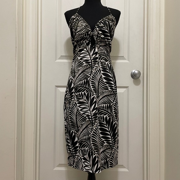 Avec Les Filles Dresses & Skirts - Avec Les Filles Halter Midi Dress Palm Leaf Tropical Size 10 Satin Black Gold